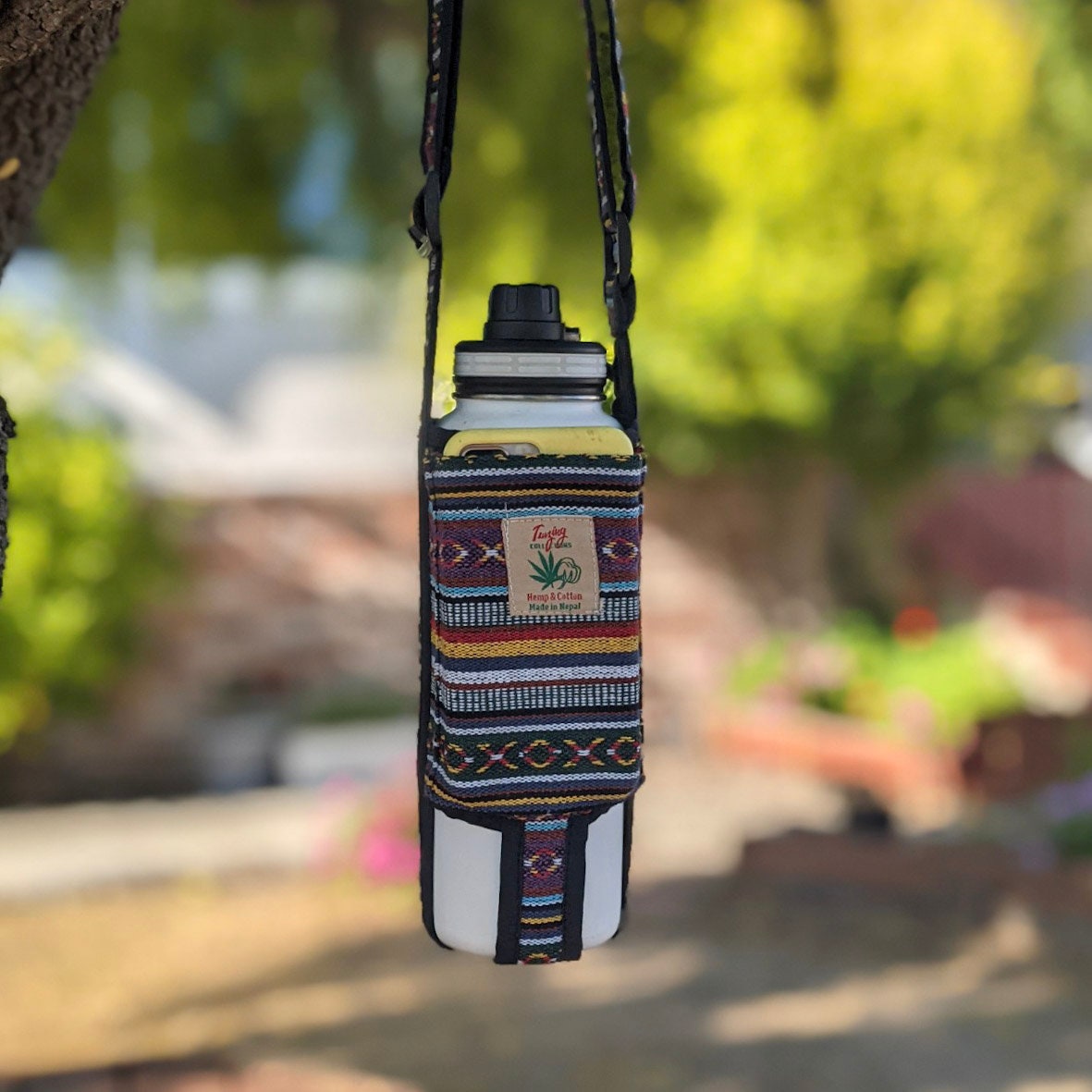 Hemp Cotton Water Bottle Carrier Bag with Phone Pocket