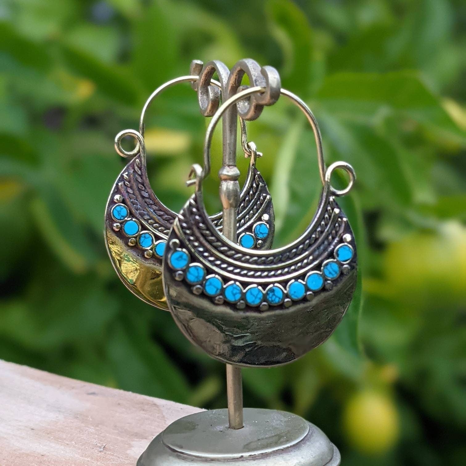 Handmade Brass Boho Hoop Earrings with Gemstone