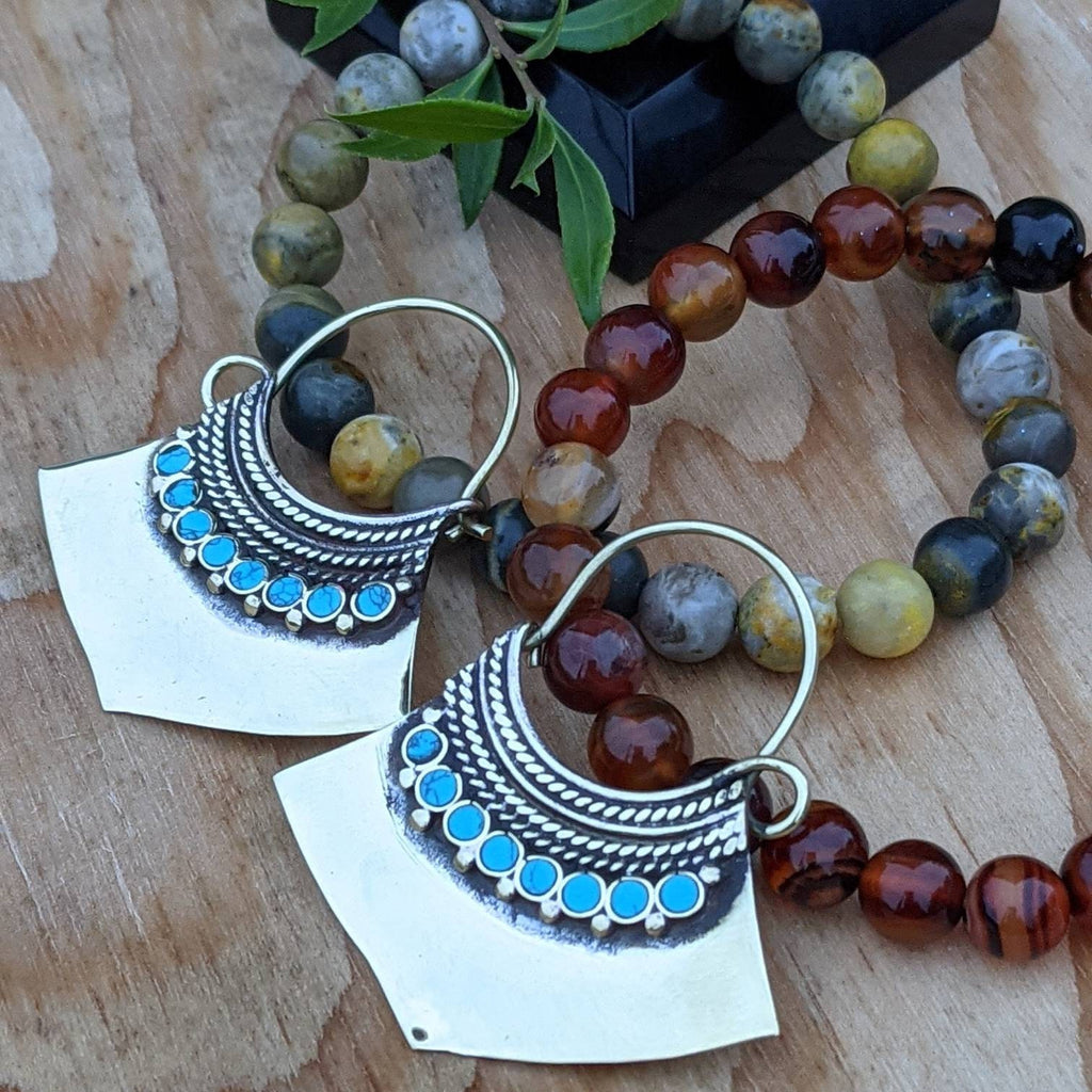 Handmade Brass Hoop Earrings: Boho Gemstone Dangle Earrings