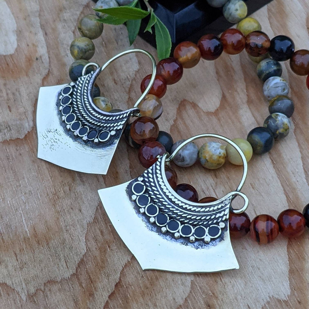 Handmade Brass Hoop Earrings: Boho Gemstone Dangle Earrings