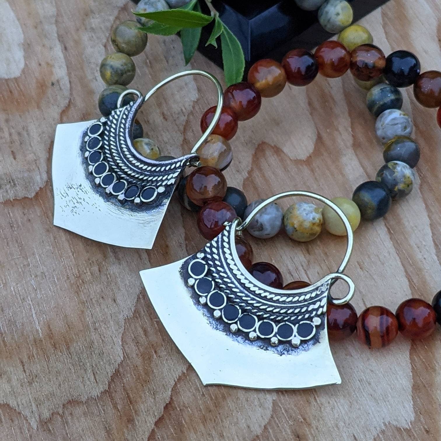 Handmade Brass Hoop Earrings: Boho Gemstone Dangle Earrings