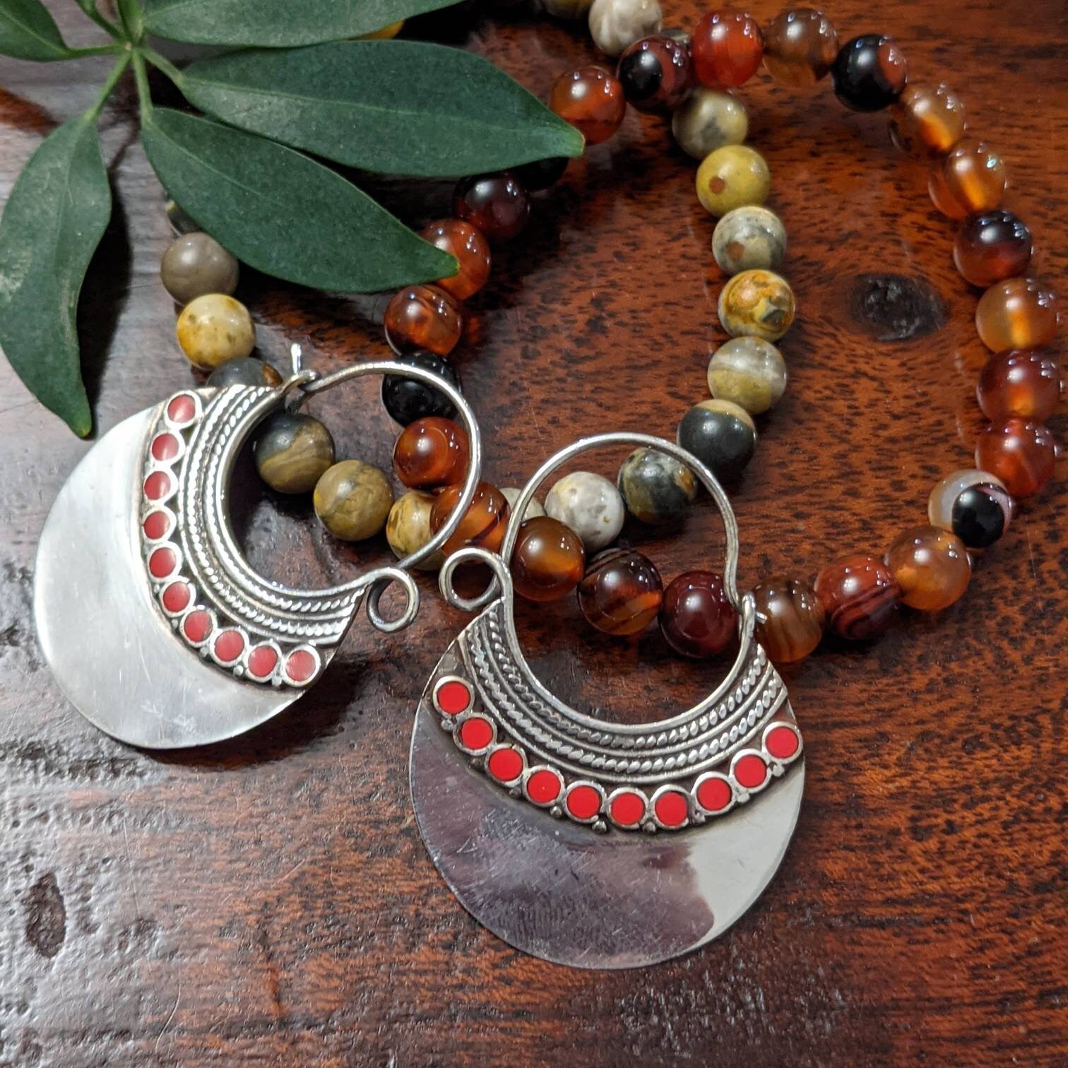 white brass earrings. Handmade ethnic look boho earrings chooses of stone. Any occasion