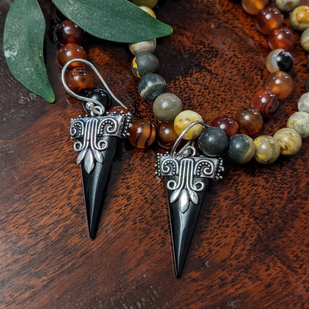 White brass earrings with 3 chooses of gem stone. Onyx, Turquoise and Amethyst