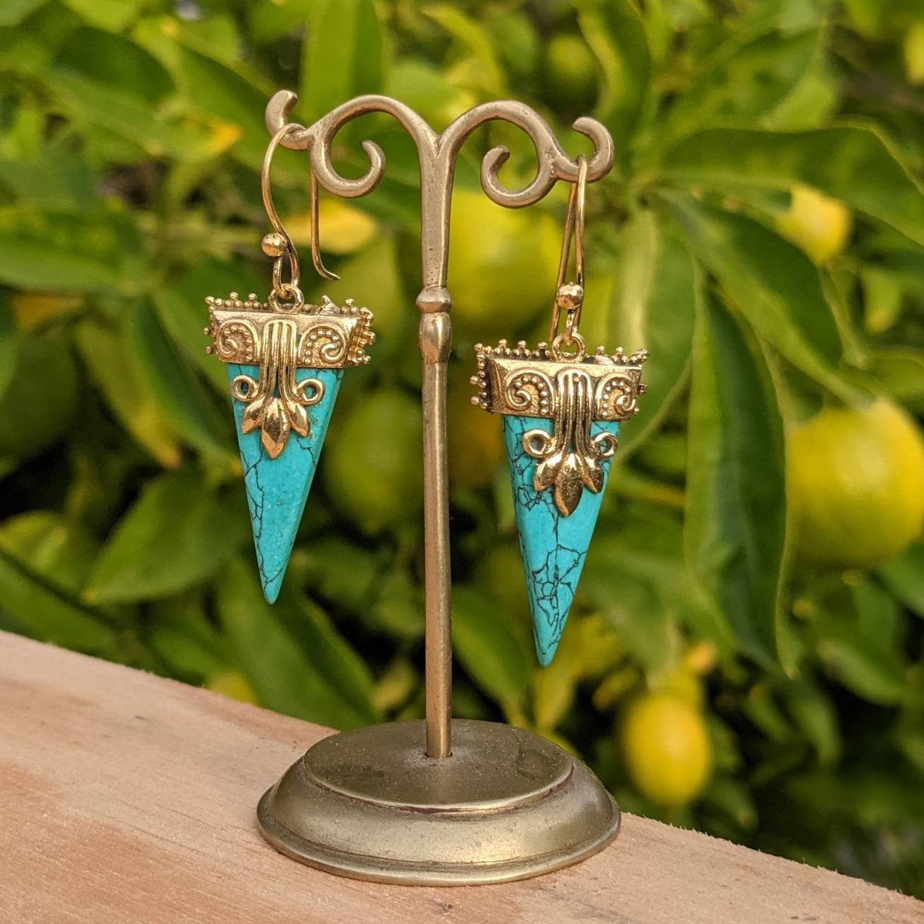 Brass Gemstone Earrings: Turquoise, Moonstone, Tiger Eye, Onyx, Labradorite