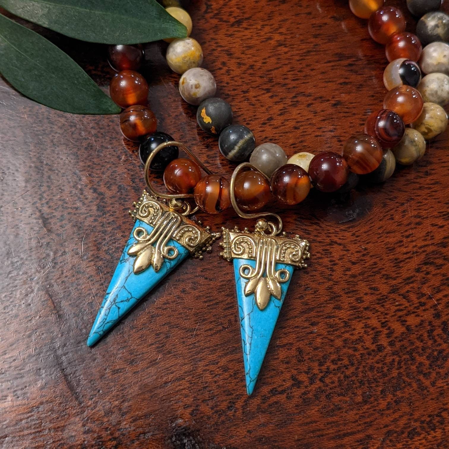 Brass Gemstone Earrings: Turquoise, Moonstone, Tiger Eye, Onyx, Labradorite