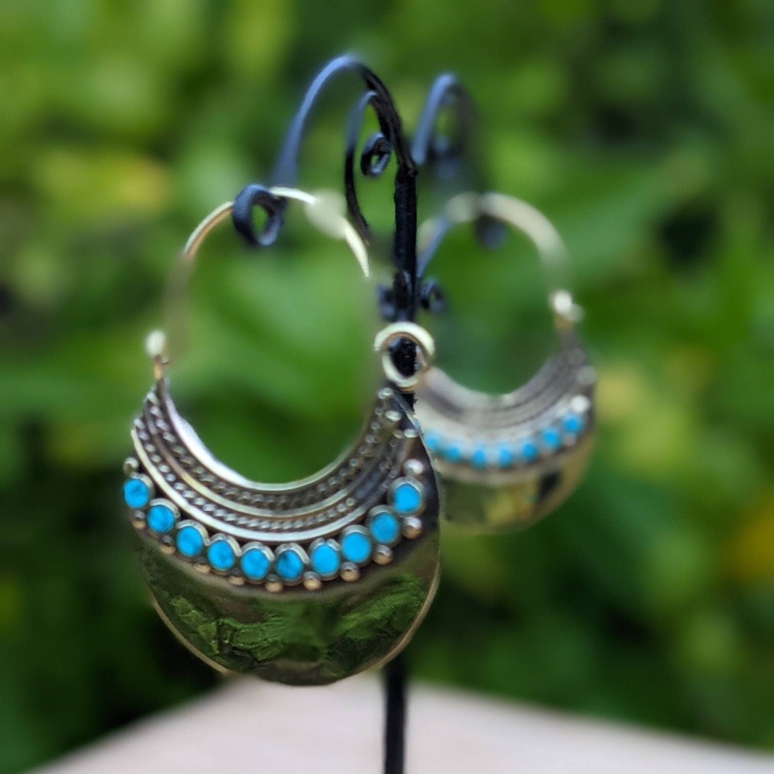 Handmade Brass Boho Hoop Earrings with Gemstone