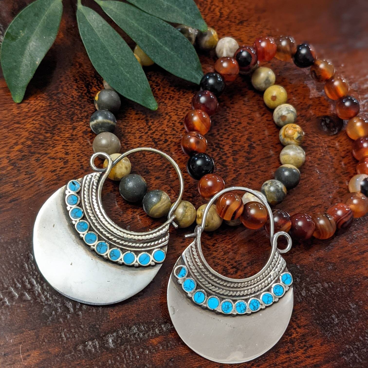 Handmade Brass Boho Hoop Earrings with Gemstone