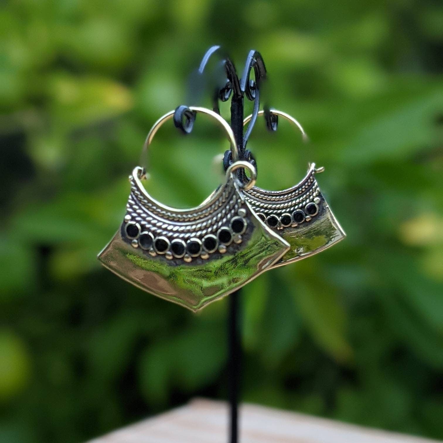 Handmade Brass Hoop Earrings: Boho Gemstone Dangle Earrings
