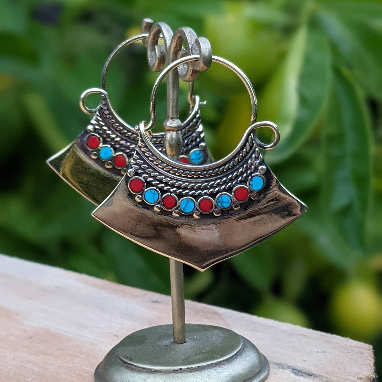 Handmade Brass Hoop Earrings: Boho Gemstone Dangle Earrings