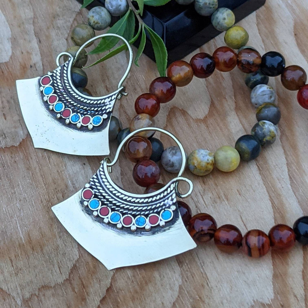 Handmade Brass Hoop Earrings: Boho Gemstone Dangle Earrings