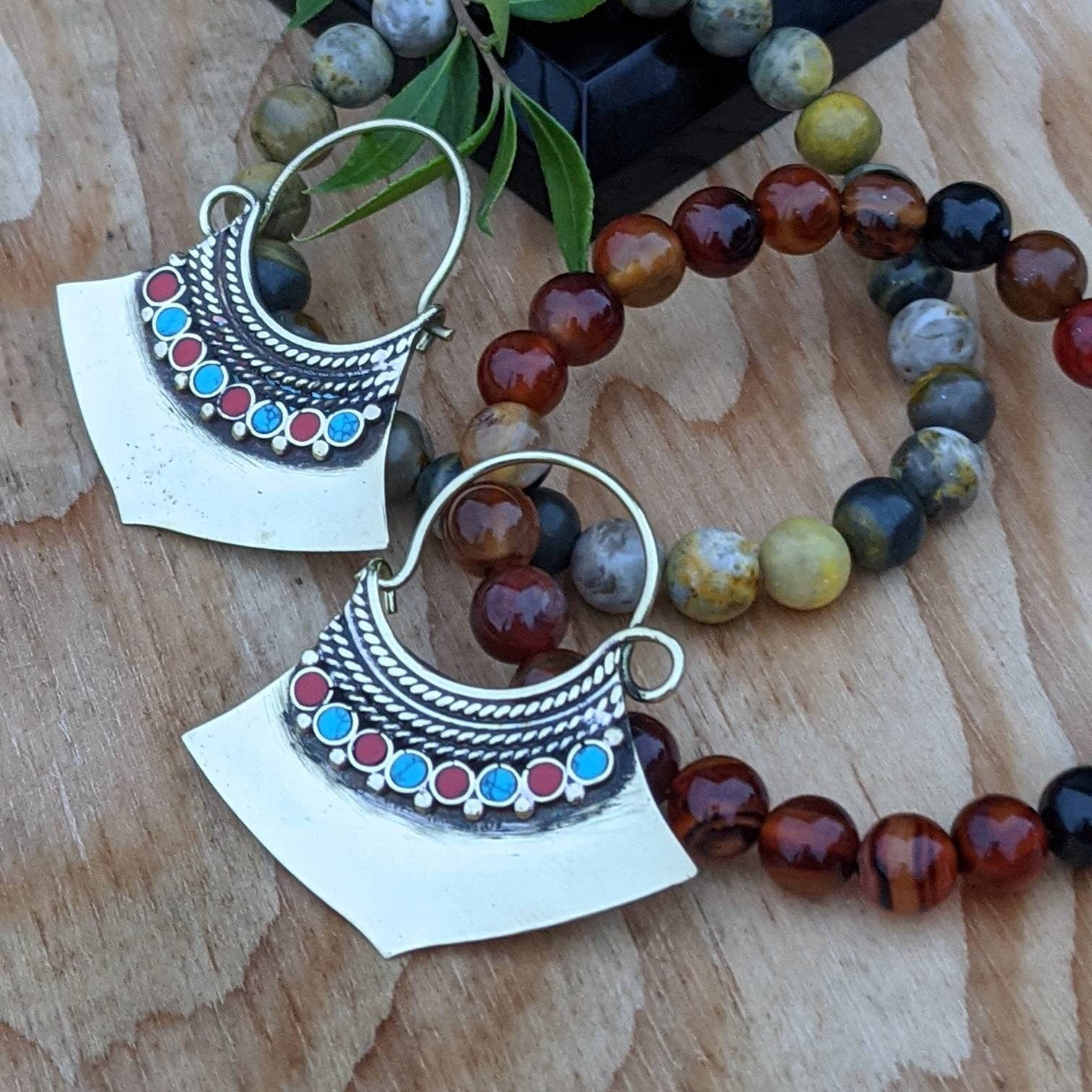 Handmade Brass Hoop Earrings: Boho Gemstone Dangle Earrings