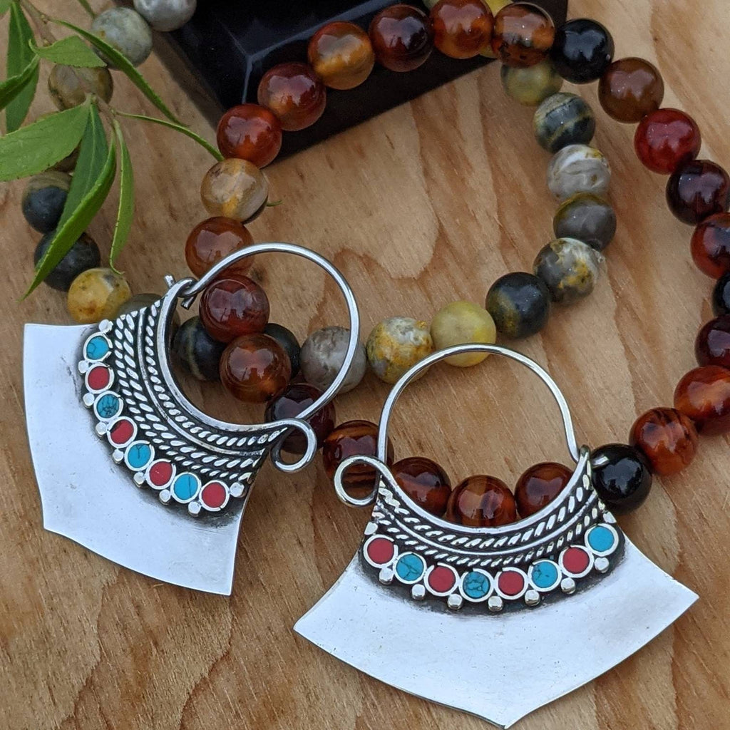Handmade White Brass Boho Dangle Earrings: Ethnic Gemstone Jewelry