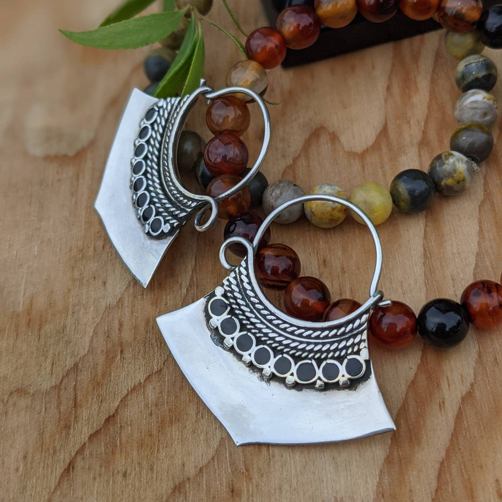 Handmade White Brass Boho Dangle Earrings: Ethnic Gemstone Jewelry