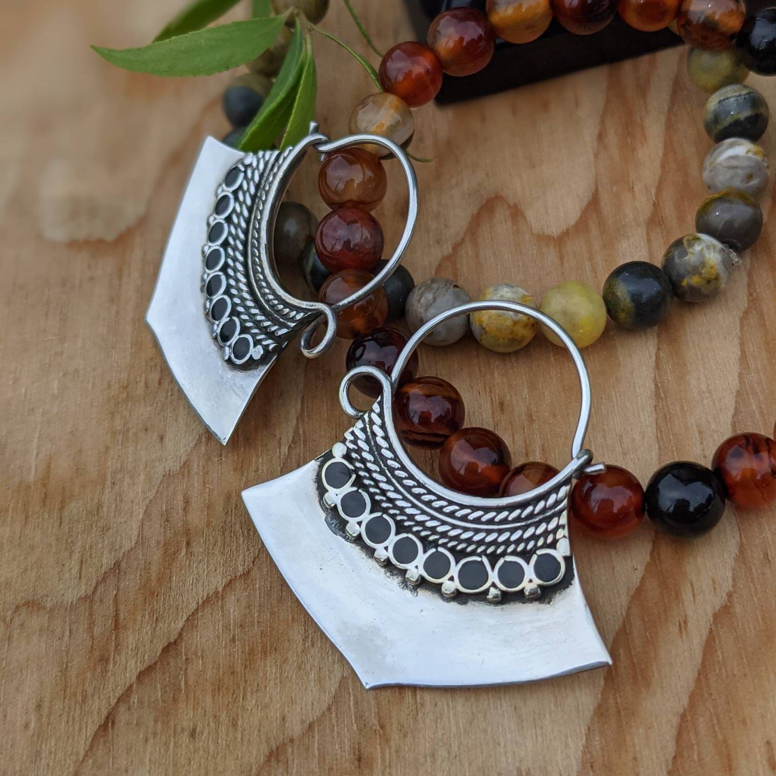 Handmade White Brass Boho Dangle Earrings: Ethnic Gemstone Jewelry