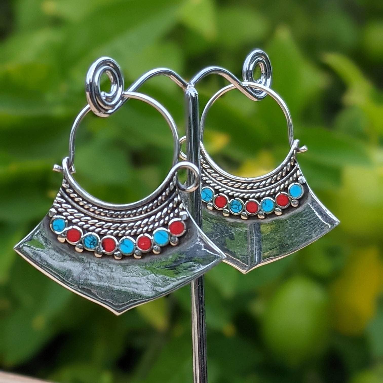 Handmade White Brass Boho Dangle Earrings: Ethnic Gemstone Jewelry