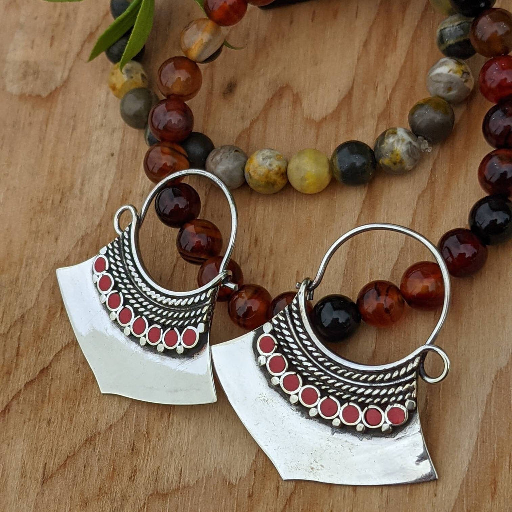 Handmade White Brass Boho Dangle Earrings: Ethnic Gemstone Jewelry