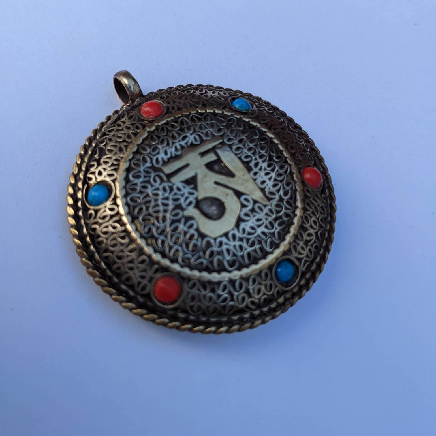 Double sided Tibetan Kalachakra mantra filigree circles brass pendant with turquoise coral  inlay