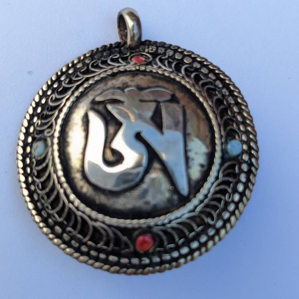 Om Double sided Tibetan Kalachakra mantra filigree circles brass pendant with turquoise coral  inlay