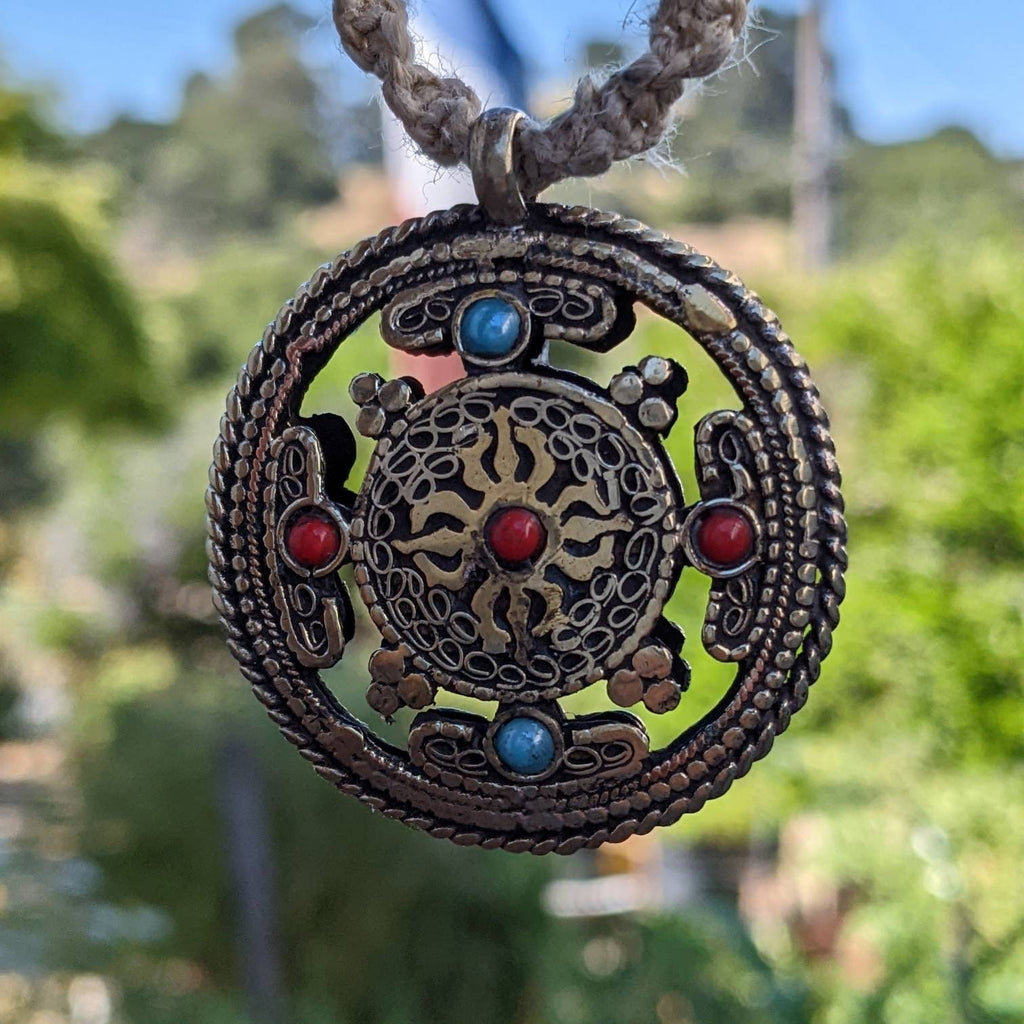 Double Sided Om Dorjee Tibetan Pendant: Brass Filigree Amulet