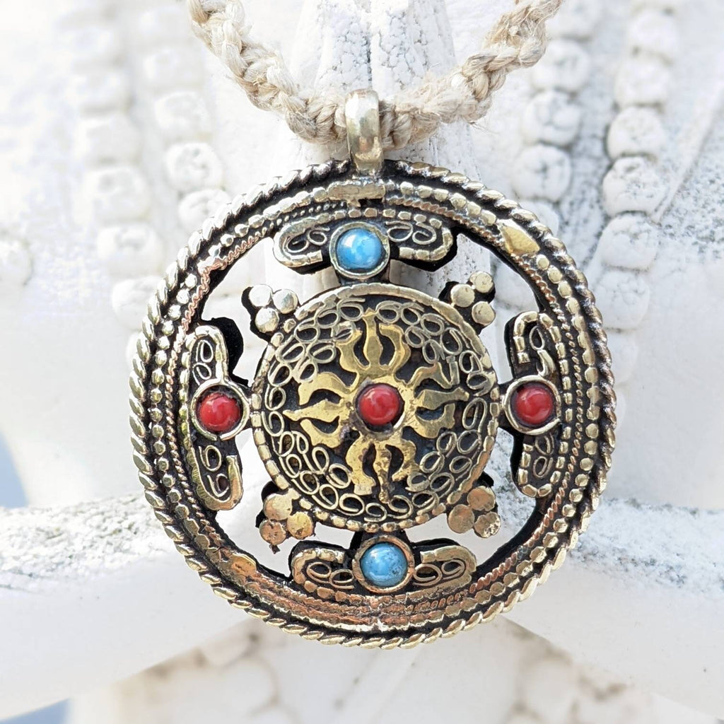 Double Sided Om Dorjee Tibetan Pendant: Brass Filigree Amulet
