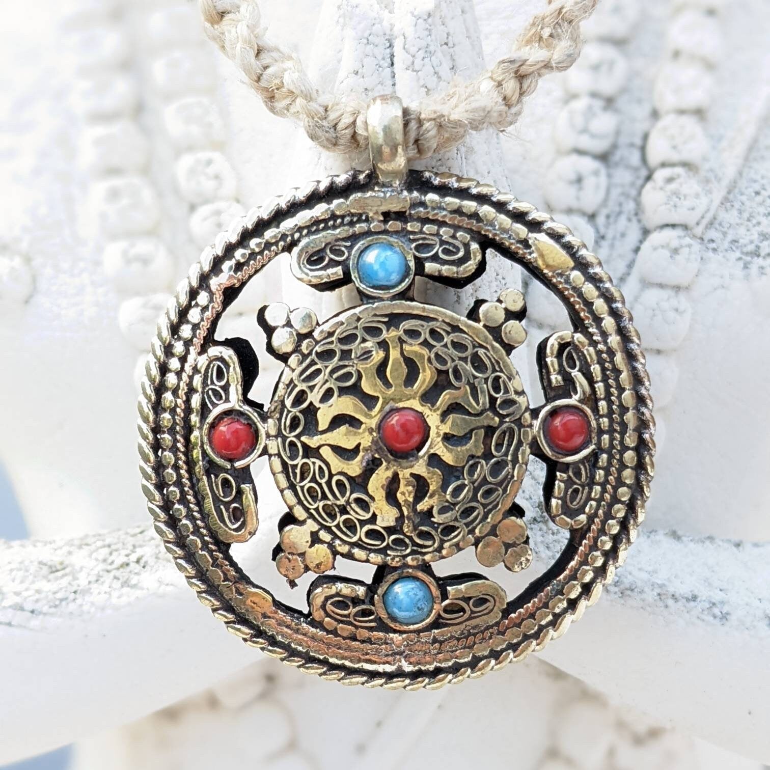 Double Sided Om Dorjee Tibetan Pendant: Brass Filigree Amulet