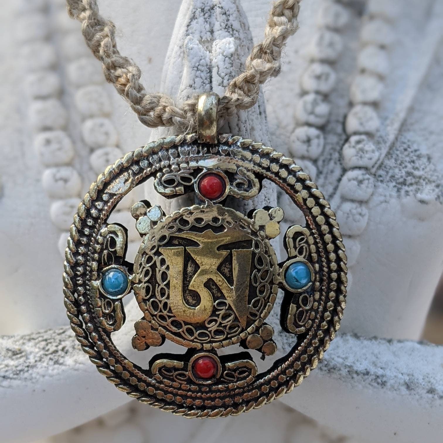 Double Sided Om Dorjee Tibetan Pendant: Brass Filigree Amulet
