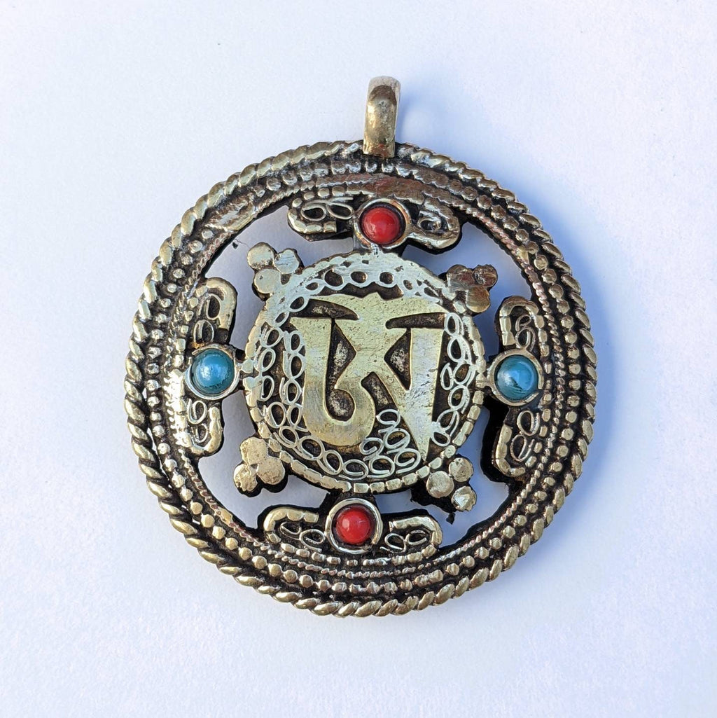 Double Sided Om Dorjee Tibetan Pendant: Brass Filigree Amulet