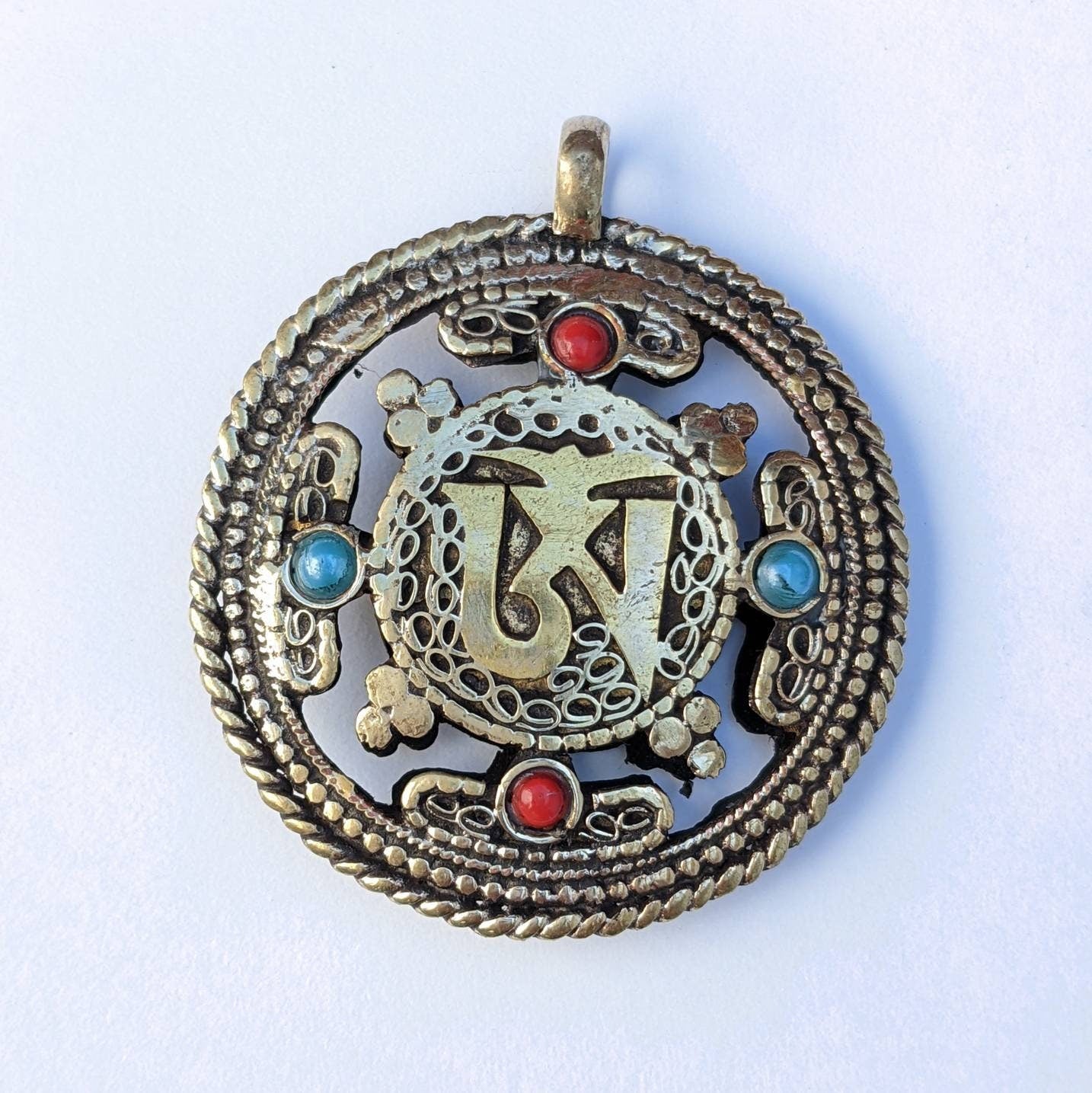 Double Sided Om Dorjee Tibetan Pendant: Brass Filigree Amulet