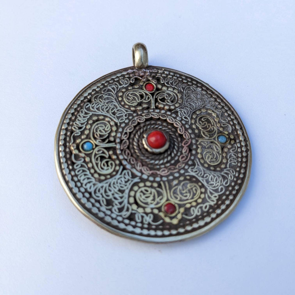 Tibetan Dorjee Mandala Pendant: Brass Copper Filigree with Coral