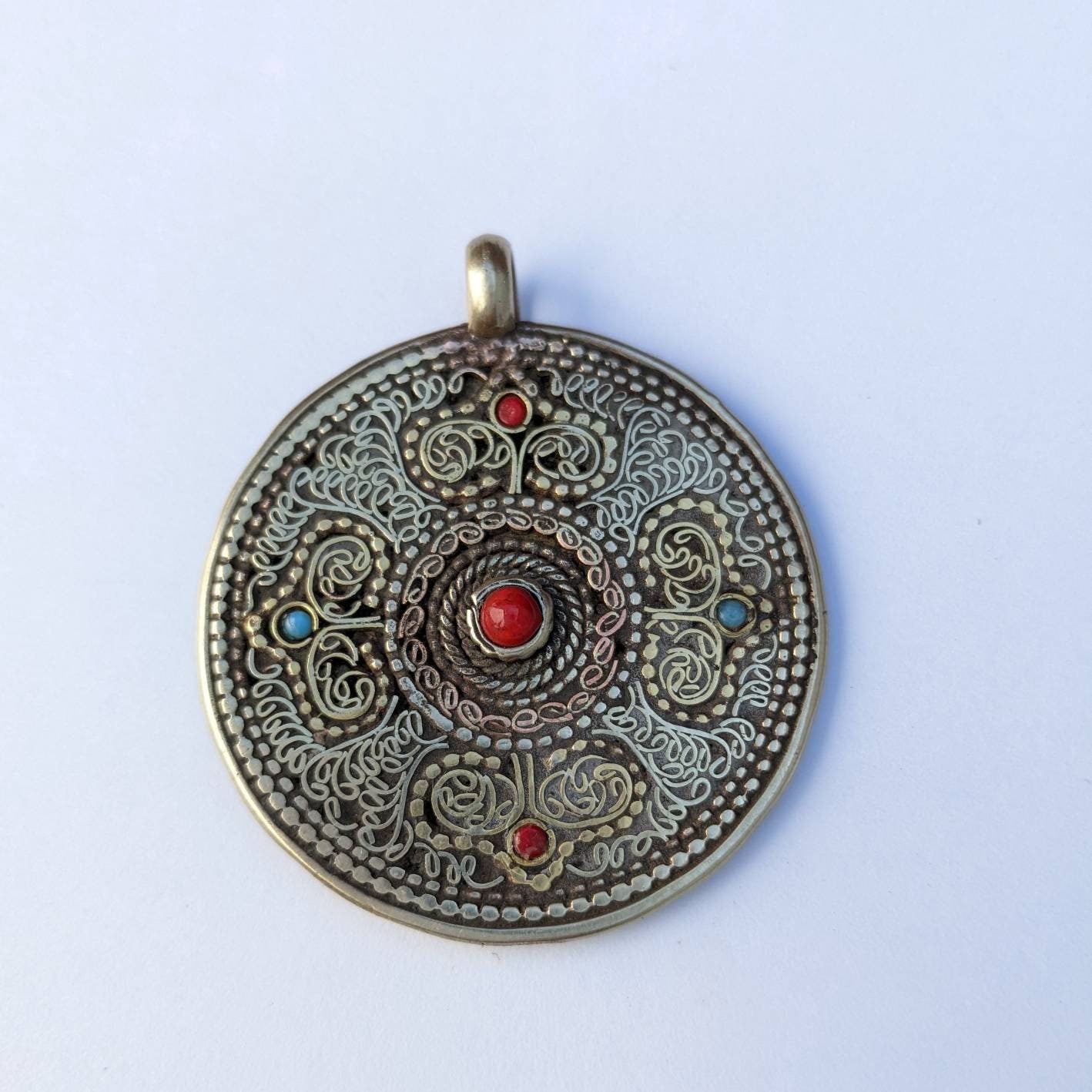 Tibetan Dorjee Mandala Pendant: Brass Copper Filigree with Coral