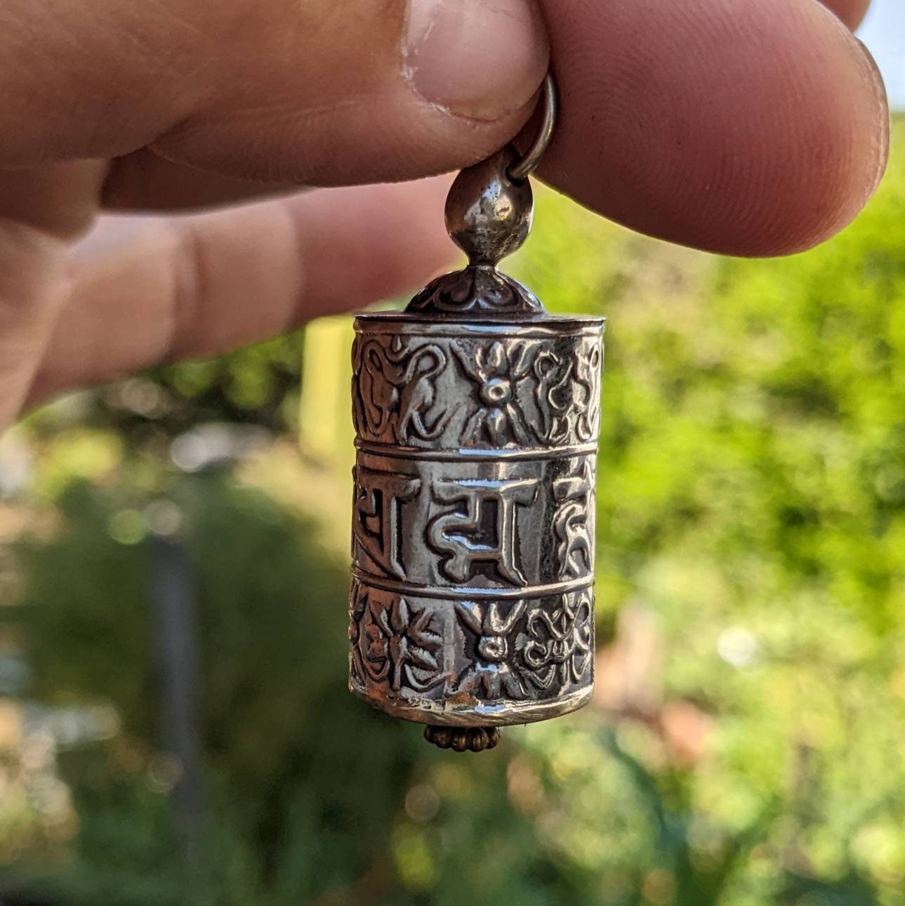 Hand made Tibetan Om Mantra carved prayer wheel Key or charm pendant