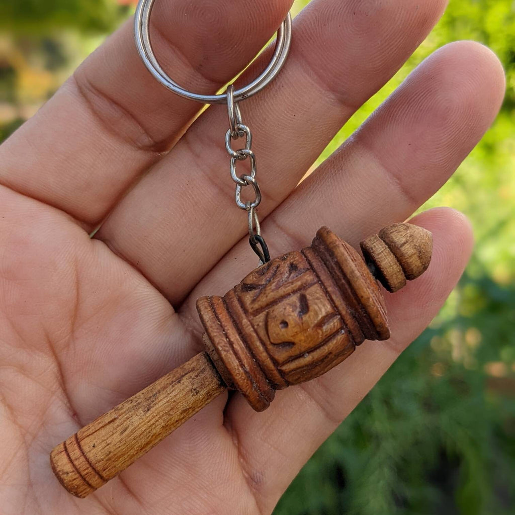 Hand made Tibetan Om Mantra carved wooden prayer wheel Key or charm pendant