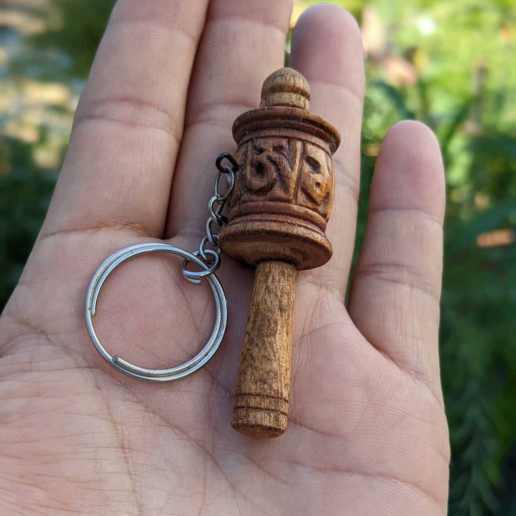 Hand made Tibetan Om Mantra carved wooden prayer wheel Key or charm pendant
