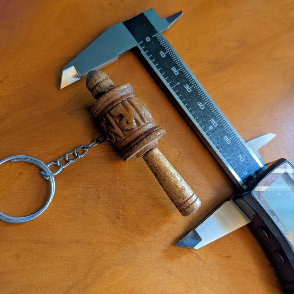 Hand made Tibetan Om Mantra carved wooden prayer wheel Key or charm pendant