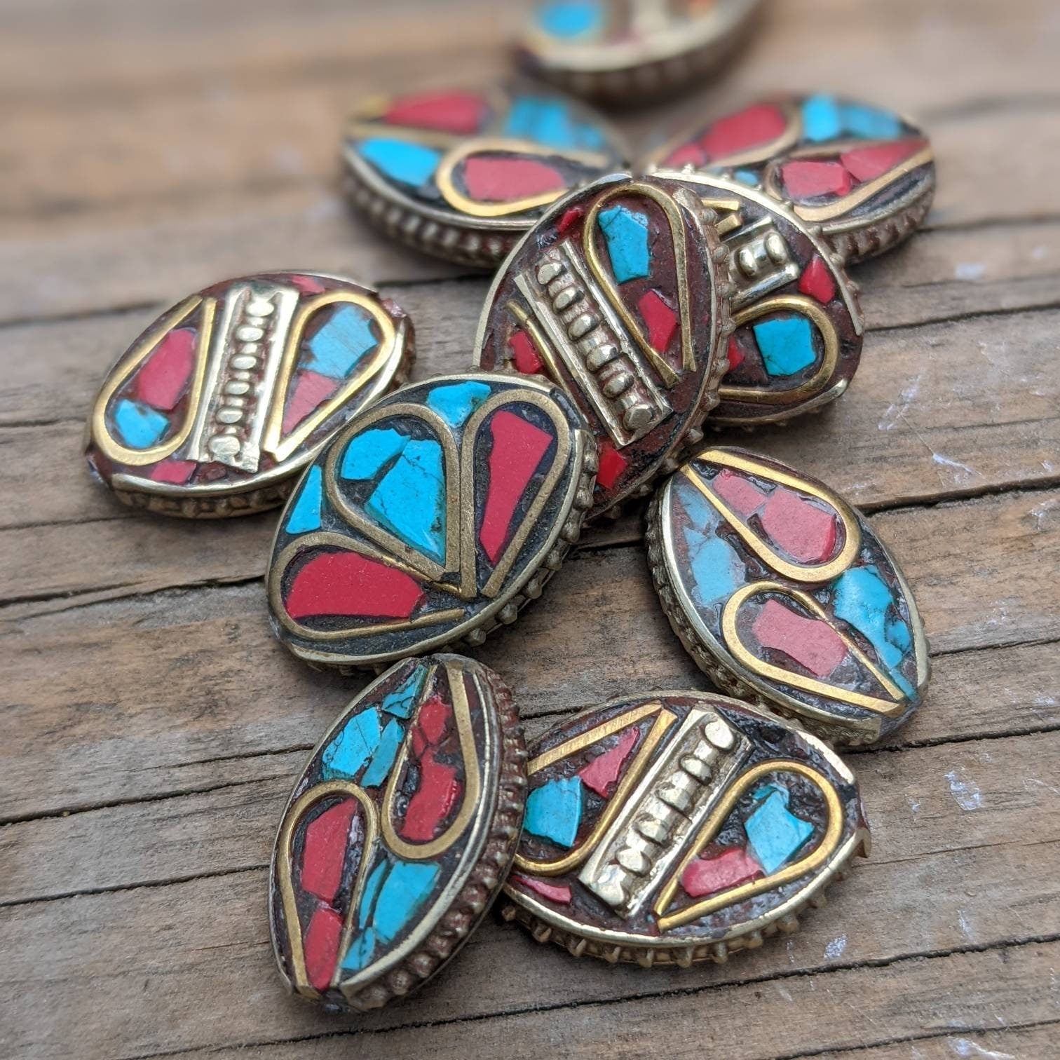 Handcrafted Rice Bean Beads: Ethnic Brass with Turquoise Coral Inlays