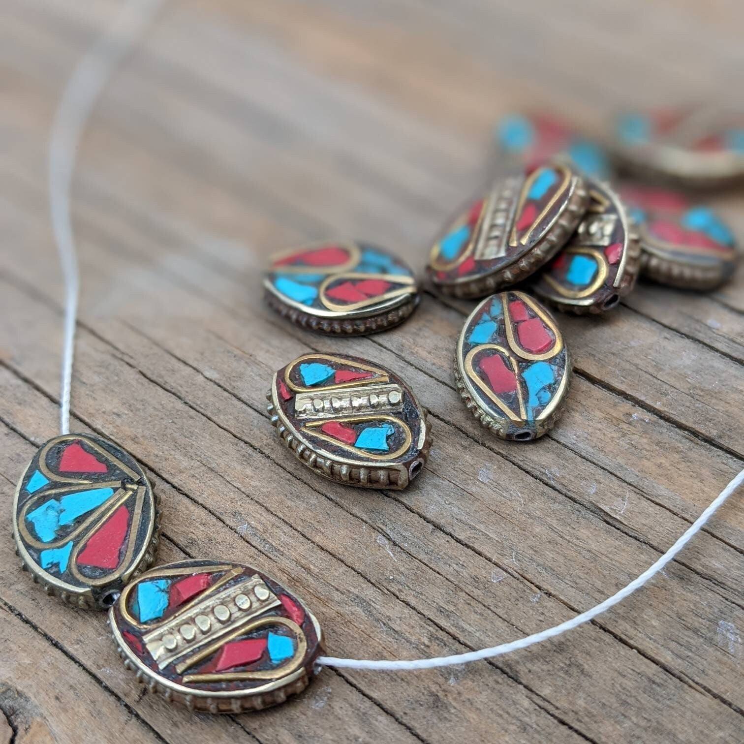 Handcrafted Rice Bean Beads: Ethnic Brass with Turquoise Coral Inlays