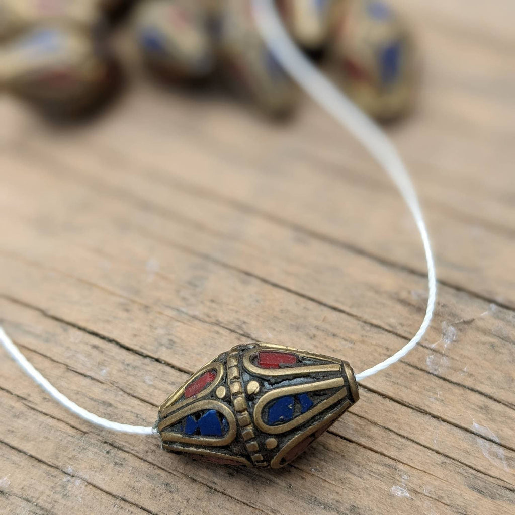 Handcrafted Rice Bean Beads: Ethnic Brass Inlays, Coral & Turquoise (10 pc)