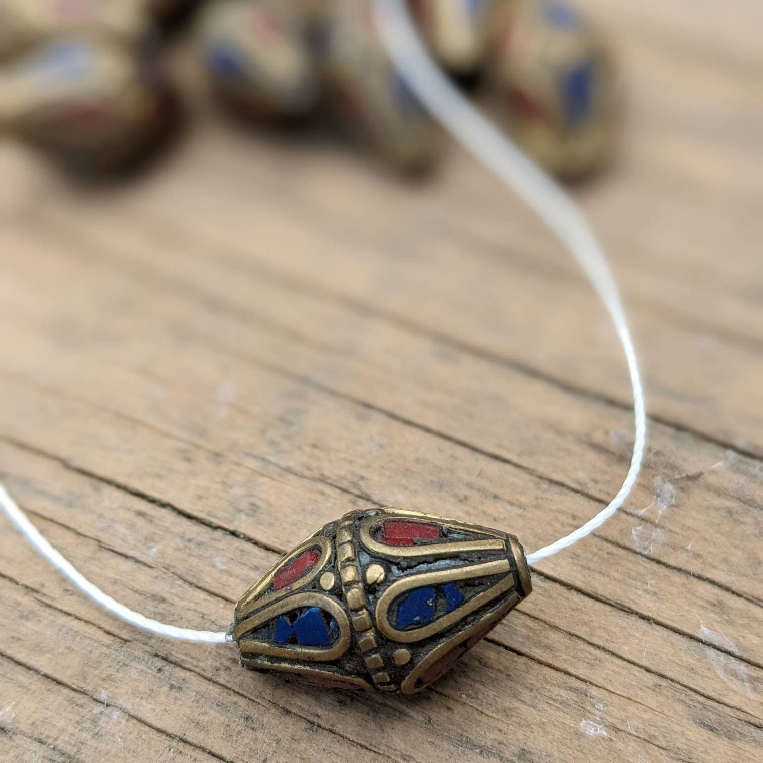 Handcrafted Rice Bean Beads: Ethnic Brass Inlays, Coral & Turquoise (10 pc)
