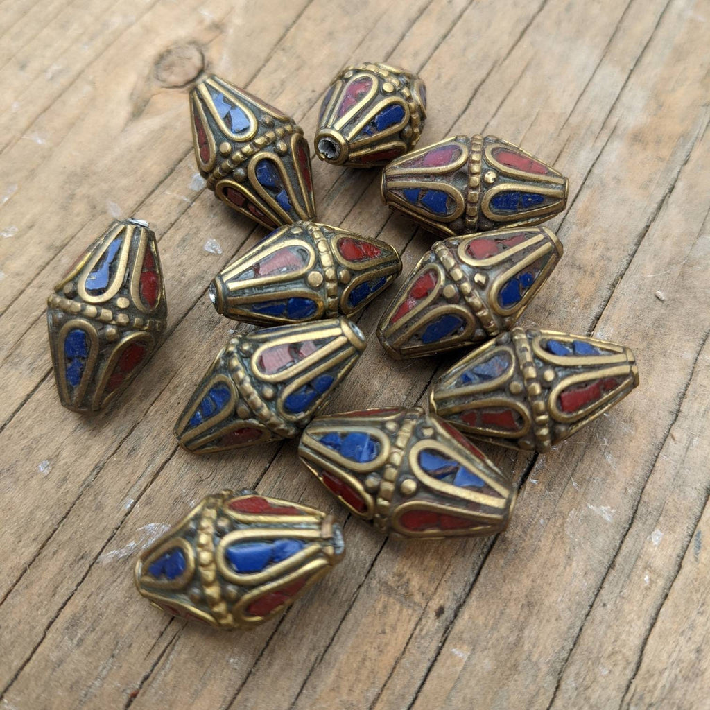 Handcrafted Rice Bean Beads: Ethnic Brass Inlays, Coral & Turquoise (10 pc)