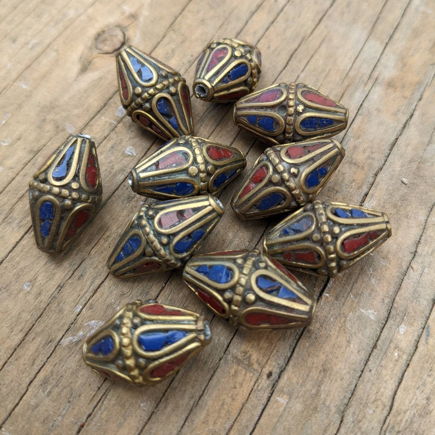 Handcrafted Rice Bean Beads: Ethnic Brass Inlays, Coral & Turquoise (10 pc)