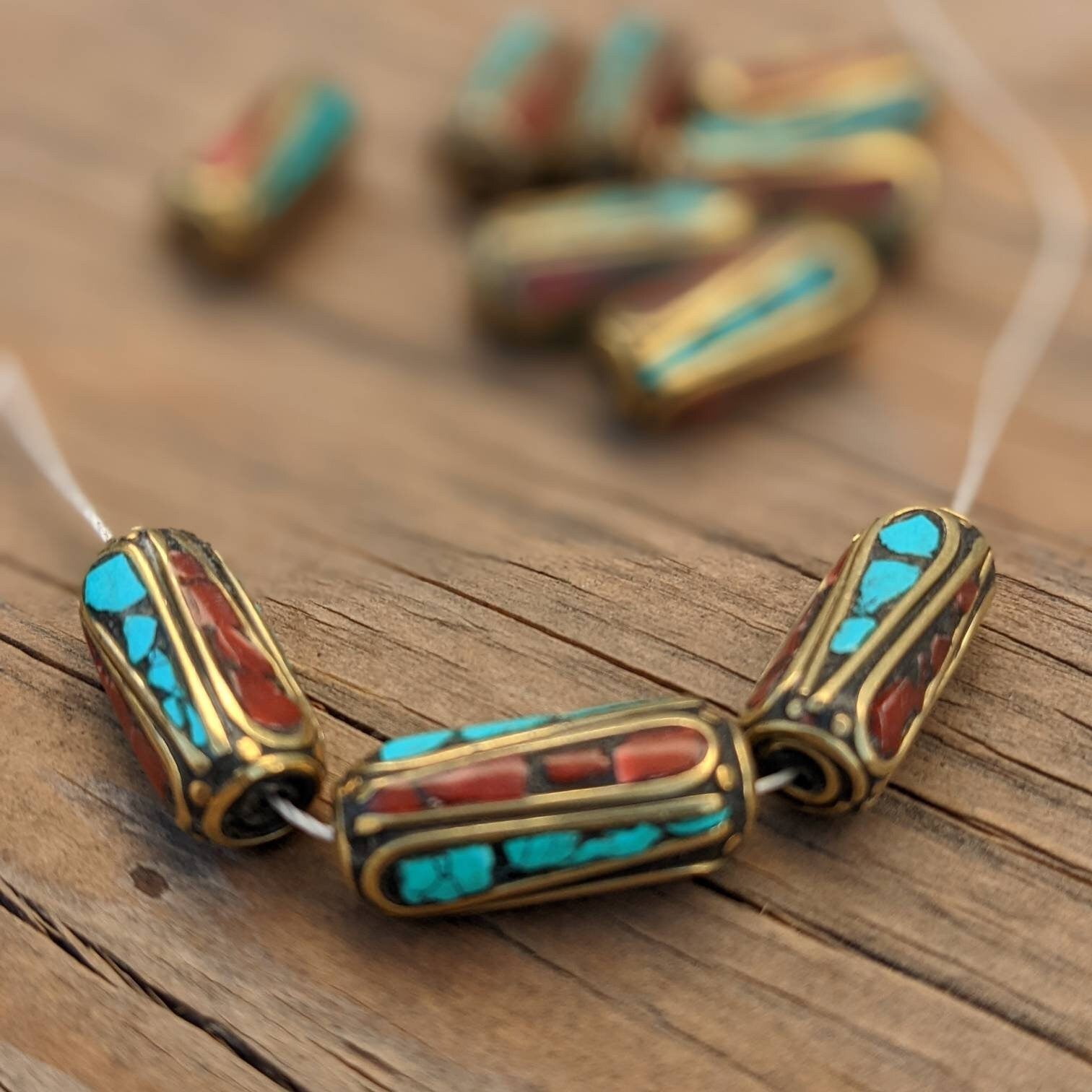 Handcrafted Himalayan Brass Beads: Turquoise Coral Inlay (10pc)