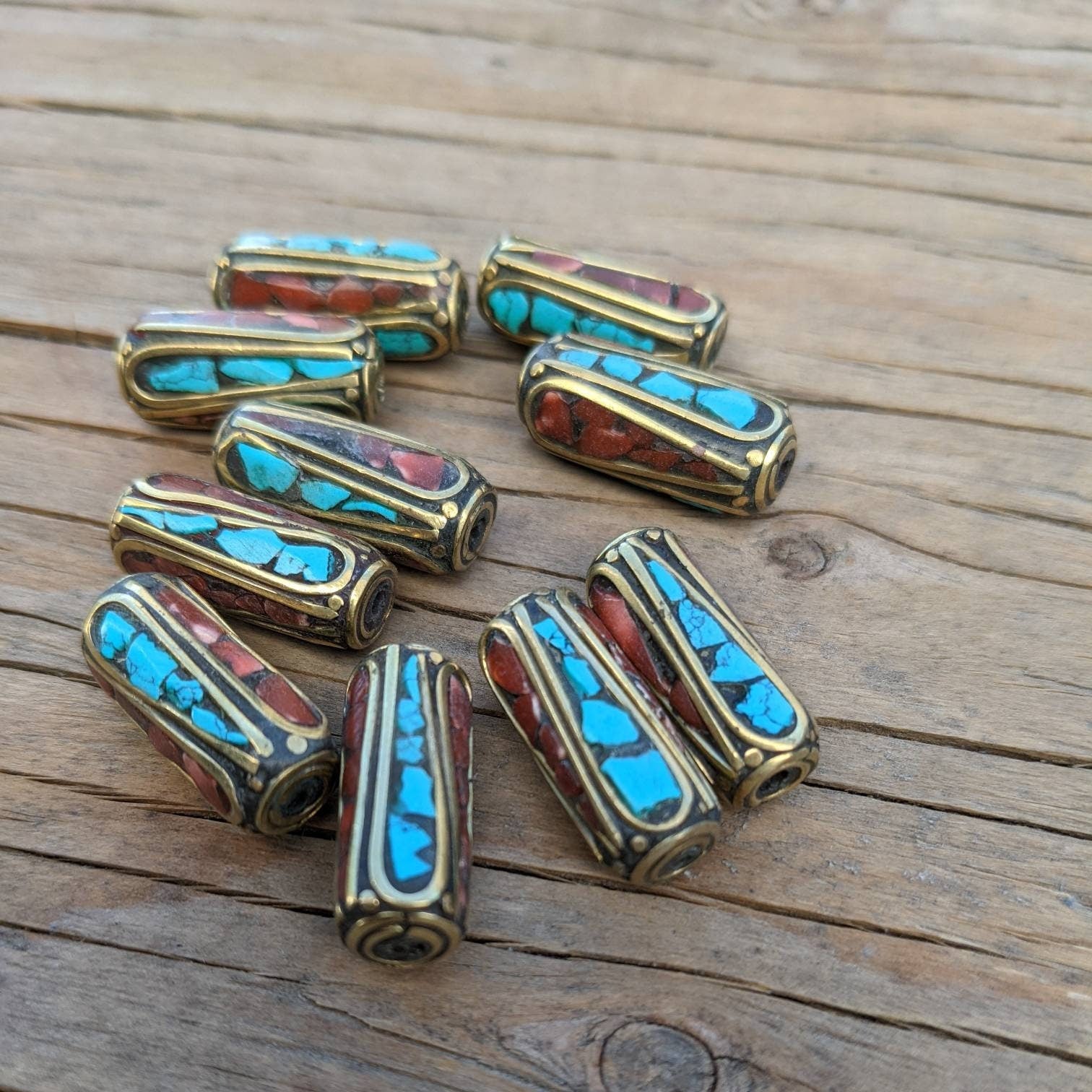 Handcrafted Himalayan Brass Beads: Turquoise Coral Inlay (10pc)