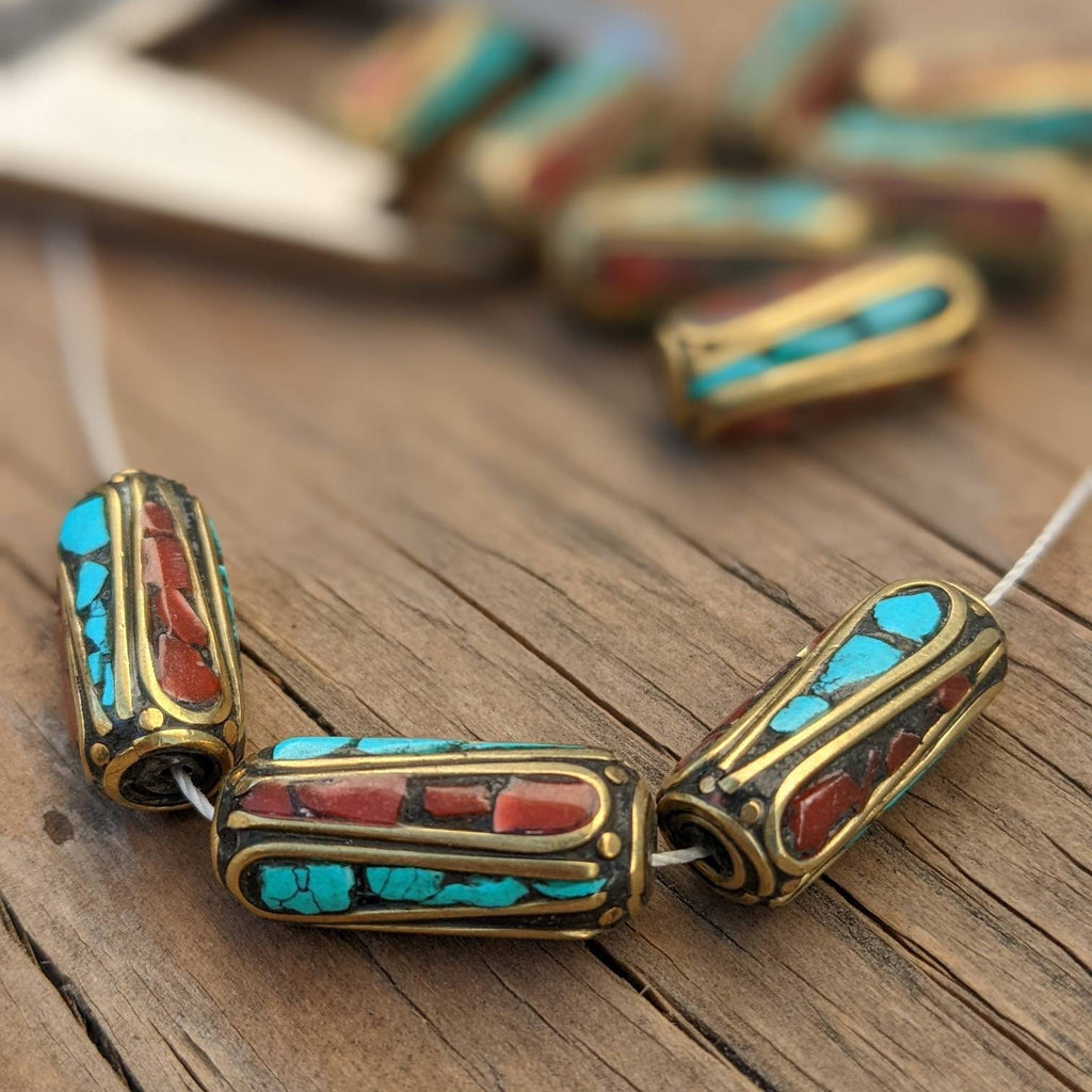 Handcrafted Himalayan Brass Beads: Turquoise Coral Inlay (10pc)