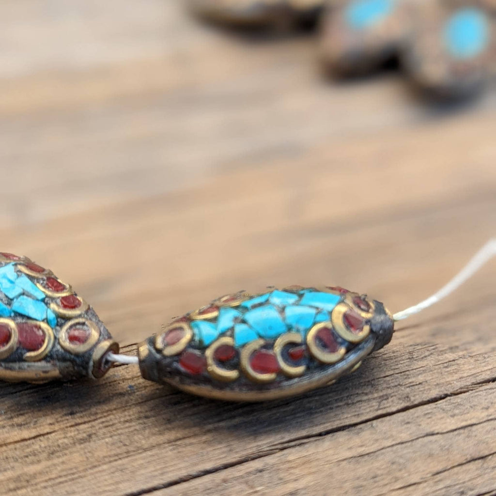 Handcrafted Rice Bean Beads: Ethnic Brass, Turquoise & Coral Inlays