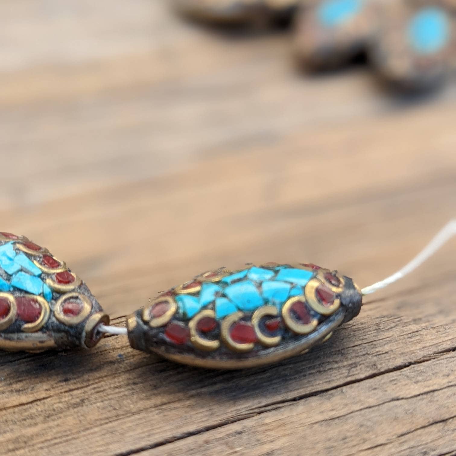 Handcrafted Rice Bean Beads: Ethnic Brass, Turquoise & Coral Inlays