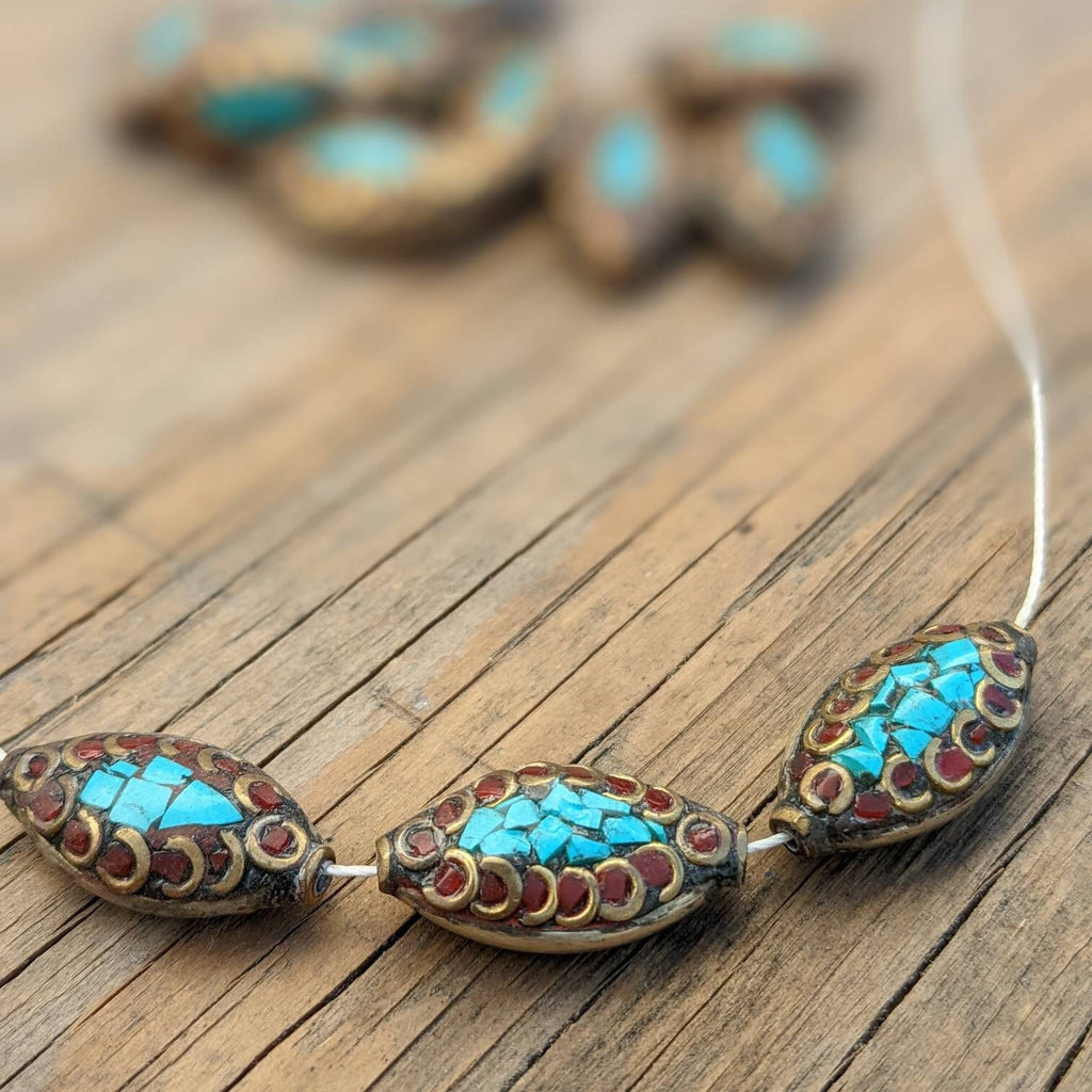 Handcrafted Rice Bean Beads: Ethnic Brass, Turquoise & Coral Inlays