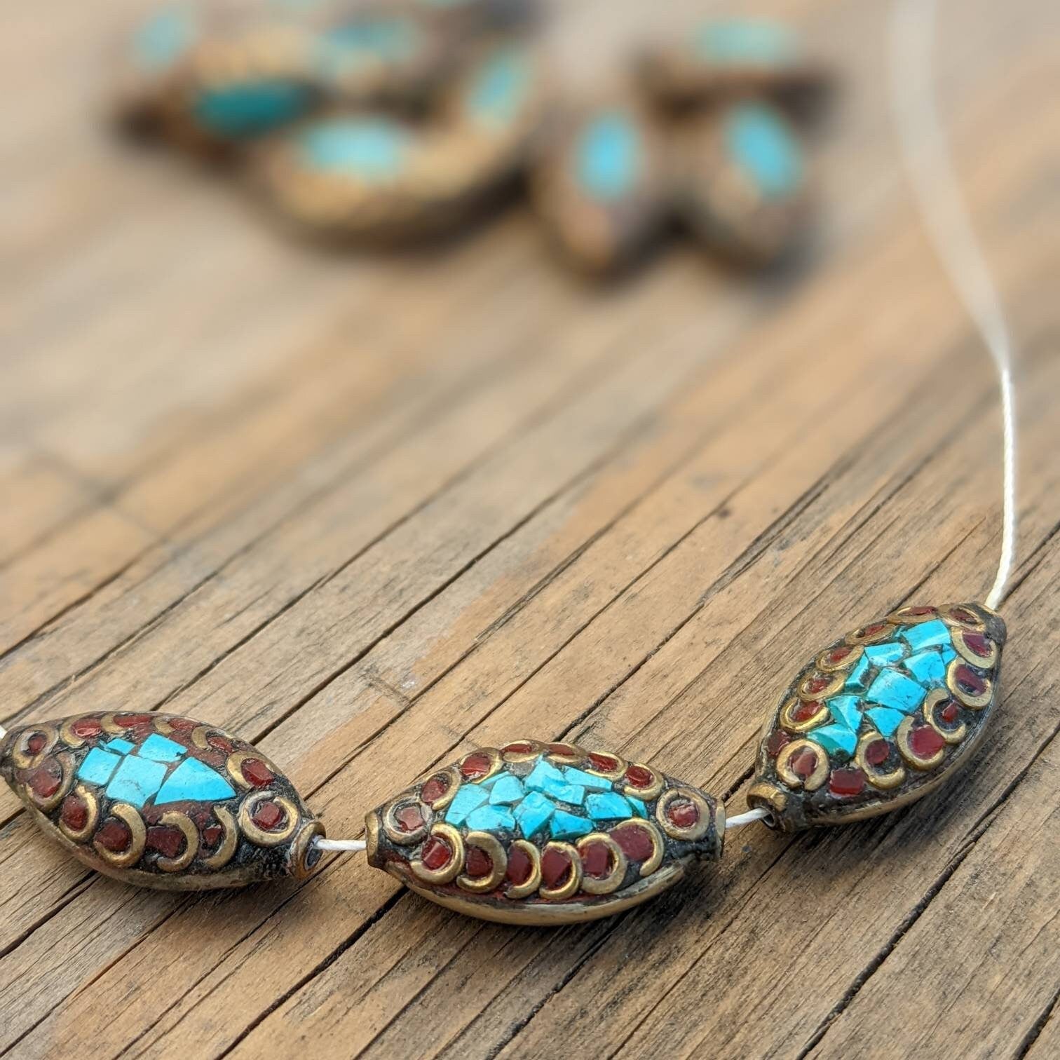 Handcrafted Rice Bean Beads: Ethnic Brass, Turquoise & Coral Inlays