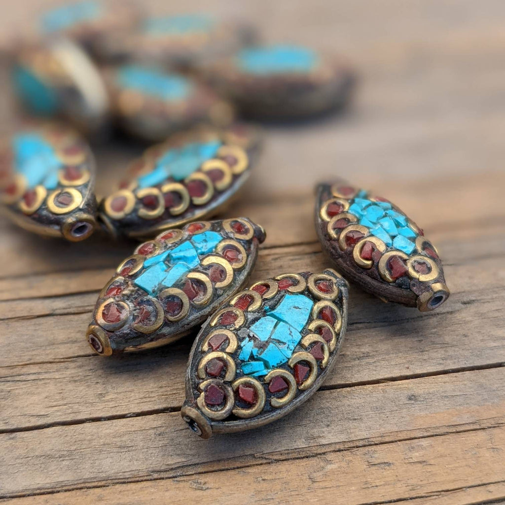 Handcrafted Rice Bean Beads: Ethnic Brass, Turquoise & Coral Inlays