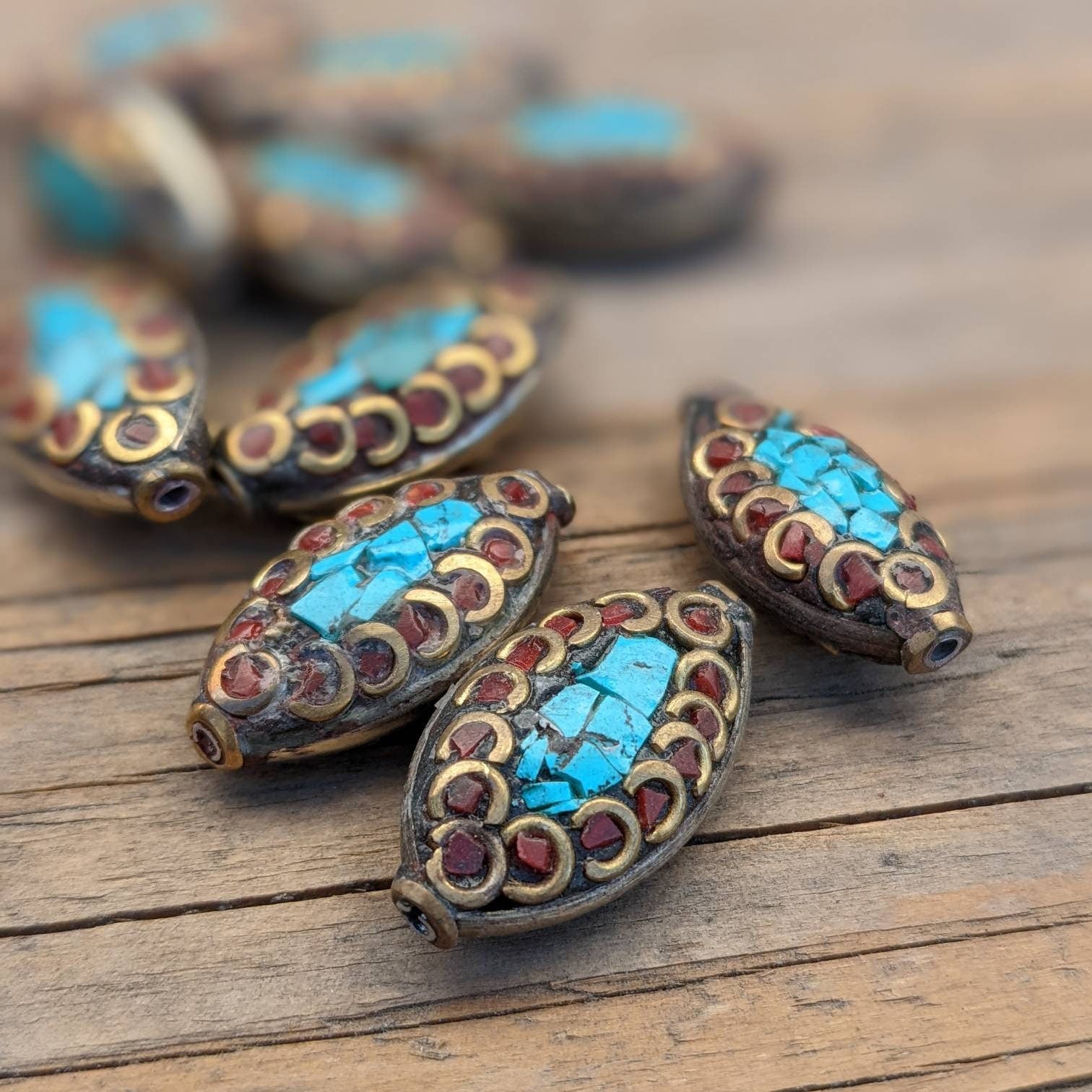 Handcrafted Rice Bean Beads: Ethnic Brass, Turquoise & Coral Inlays