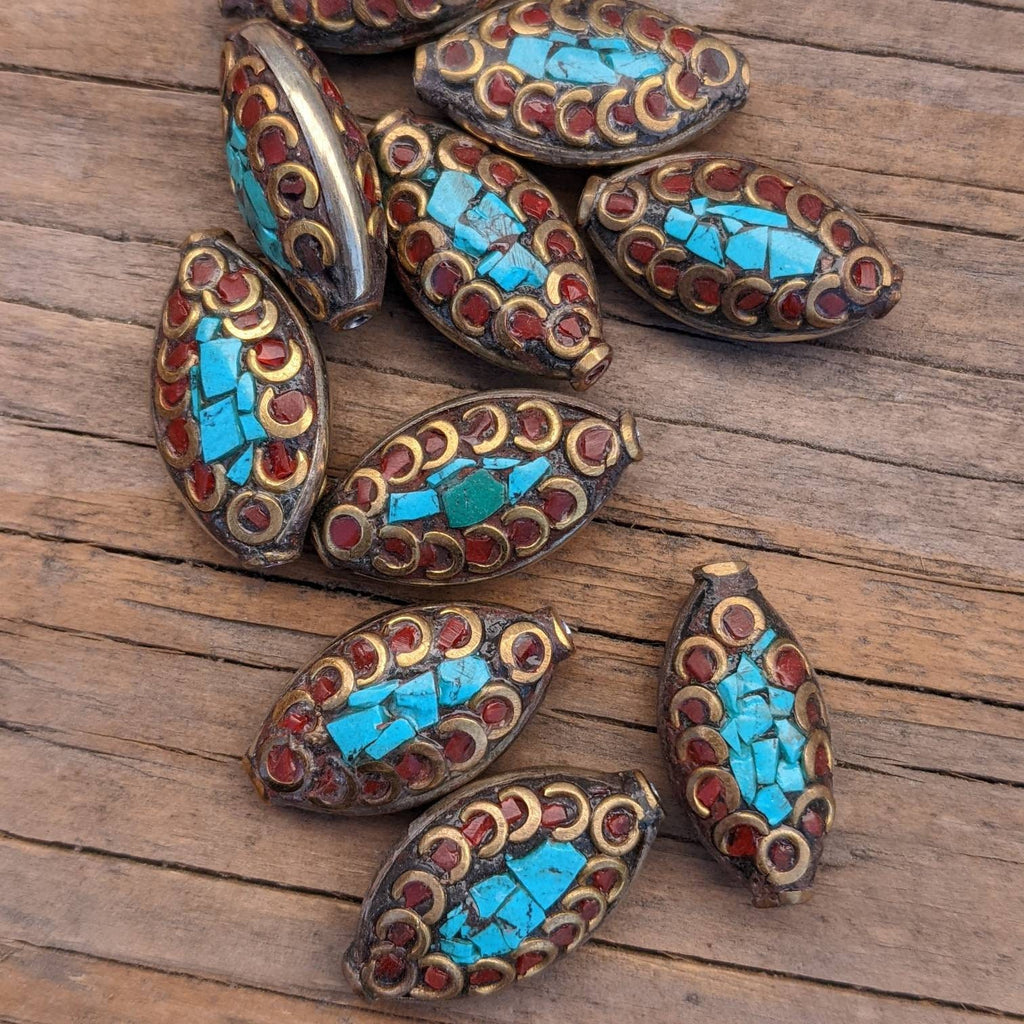 Handcrafted Rice Bean Beads: Ethnic Brass, Turquoise & Coral Inlays